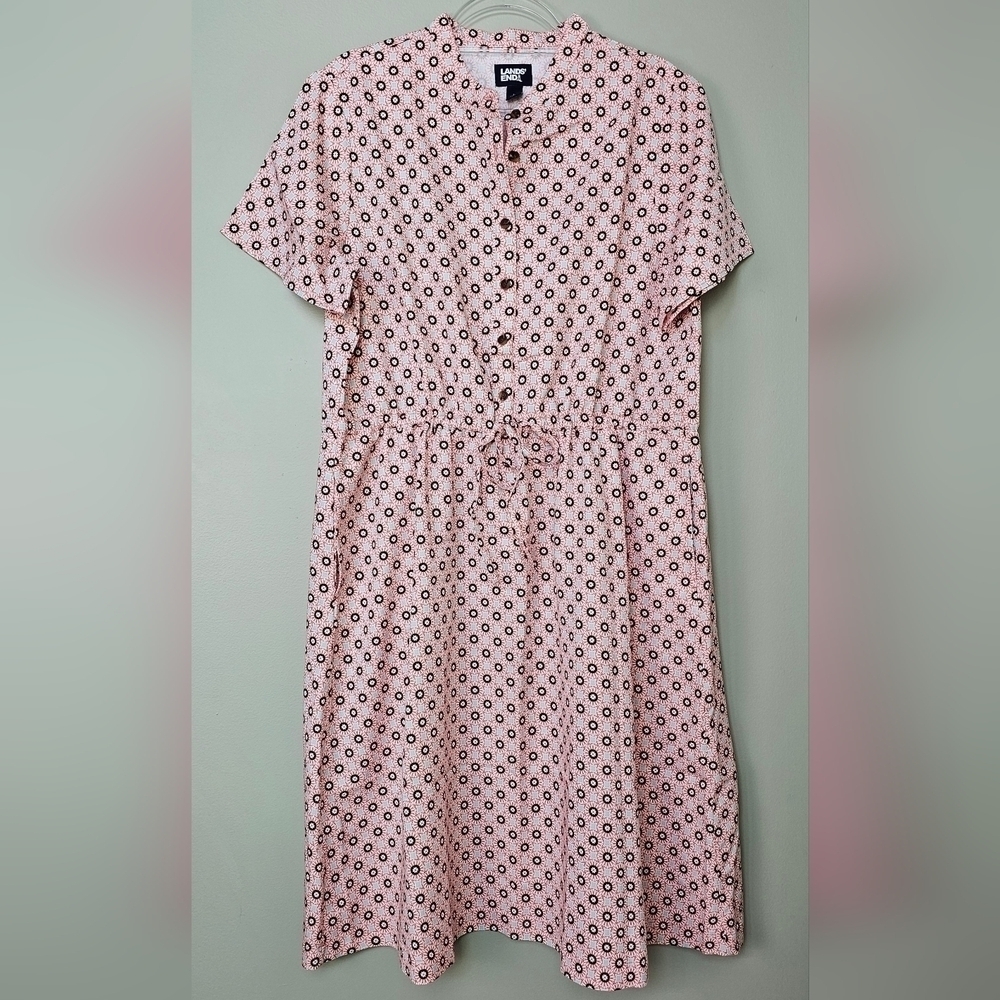 Lands End Womens Rayon Short Sleeve Button-Down Dress, Drawstring Waist Red Blue - Picture 5 of 15